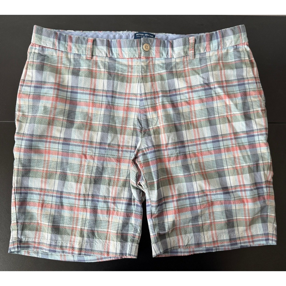 Peter Millar Crown Crafted Mens 38 Plaid Seersucker Shorts Blue Orange Green